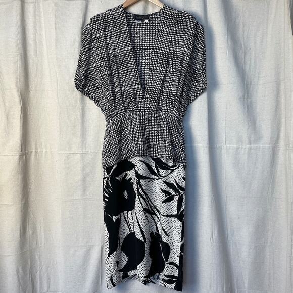Vintage 40s 80s Becco Mixed Print Silk Midi Dress - Picture 1 of 6